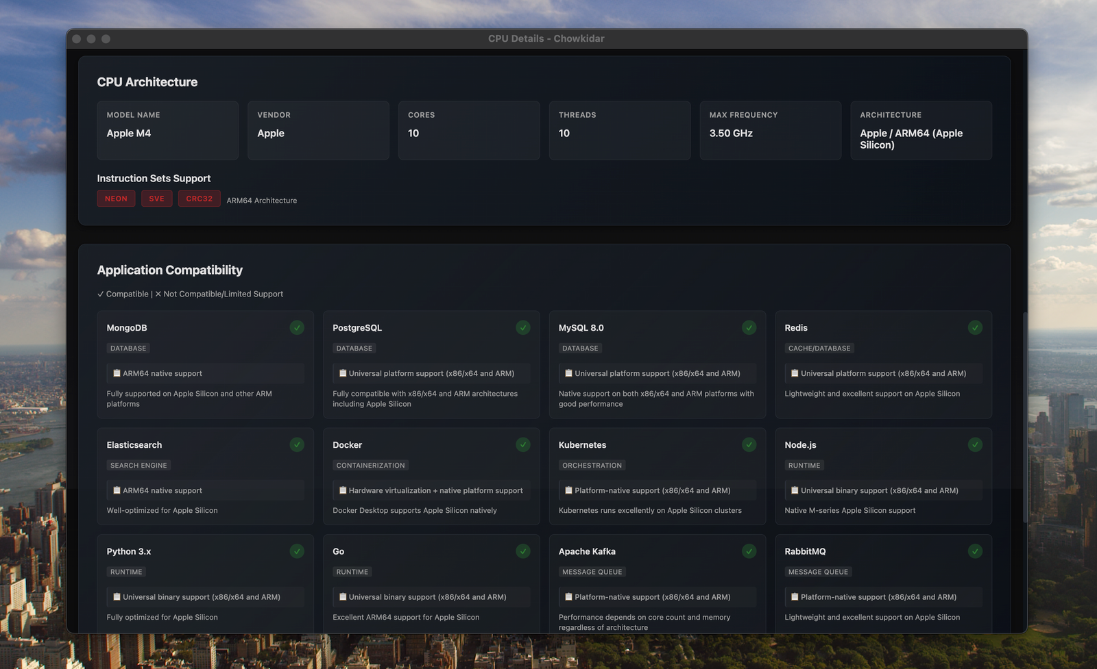 Chowkidar desktop dashboard showing live CPU monitoring details